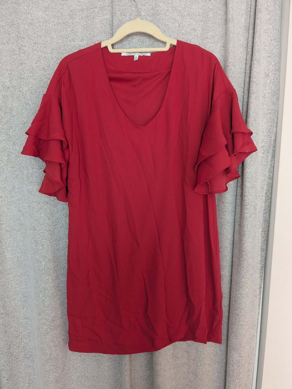 Collective Concepts Shift Dress Womens M Red Ruffle Flutter Sleeve V Neck Lined
